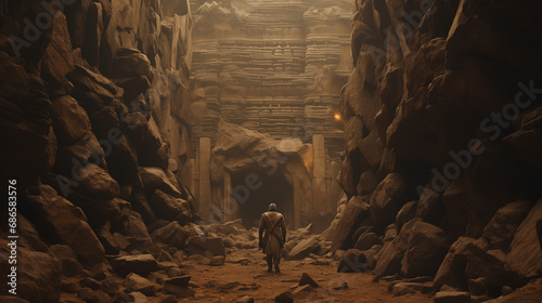 Medieval crusader soldier, facing away, discovers an abandoned mysterious temple among the rocks. Archaeology and fantasy landscape for a wallpaper.