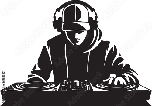 Bassline Elegance Cool Black DJ Vector Logo Nightlife Noir Dynamic DJ Player Icon in Black