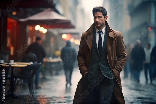 Man in a trench coat walking down a city street