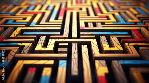 background of labyrinth, abstract 3d background, wooden maze with colorful narrow paths in blue and red with yellow colors, rainbow maze