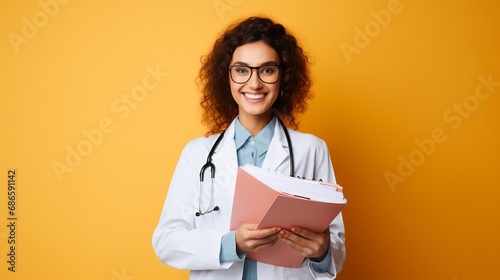 Smiling female doctor holding medical records, one Color background , copy space made by generative ai