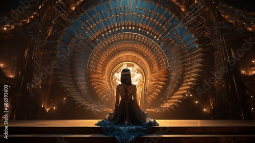 View from the back, egyptian woman queen standing inside the Pyramid. Fantasy background. AI generated image