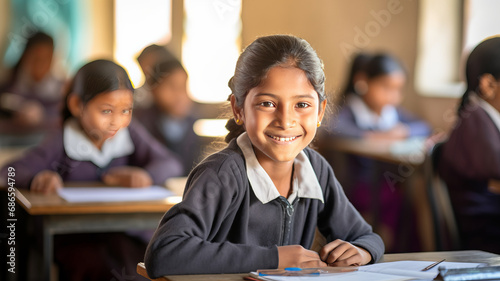 Portrait photo of a 11 year old indian girl in a modern classroom sitting at a school table