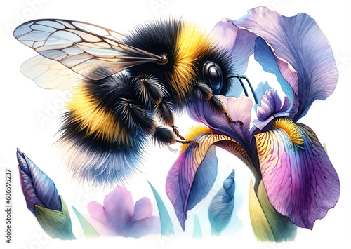 Watercolor illustration of fluffy bee on violet iris flower. Design for card, invitation, spring events, storybook for kids. Cute and soft bumblebee