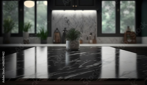 Modern empty dark marble table top or kitchen island on blurry bokeh kitchen room interior background. for montage product display. generative ai.