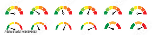Risk meter icon set. Risk concept on speedometer. Set of gauges from low to high. Vector illustration.