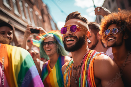 Lovely laughing single gay man wears colourful shirt having fun at the LGBTQI pride parade