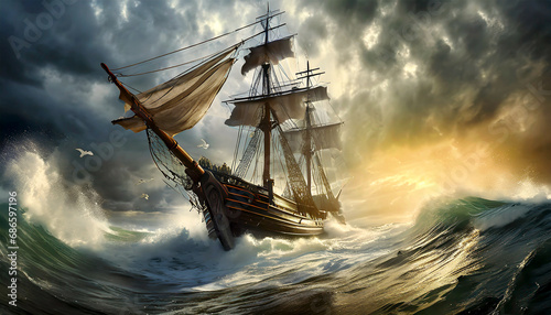 Bottom view of an old wooden sailing ship braving the waves of a wild stormy sea, in the background dramatic sky with storm clouds at sunrise or sunset.
