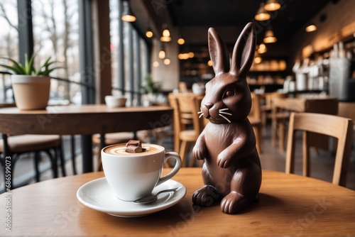 Coffee cup with chocolate bunny on wooden table. AI generated
