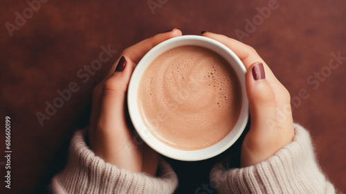 Female hands hold a cup of hot chocolate on a brown background.