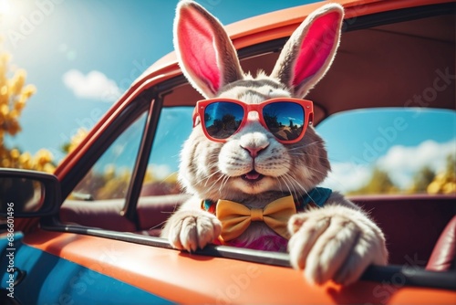 Happy Easter bunny in colorful glasses drive, AI generated