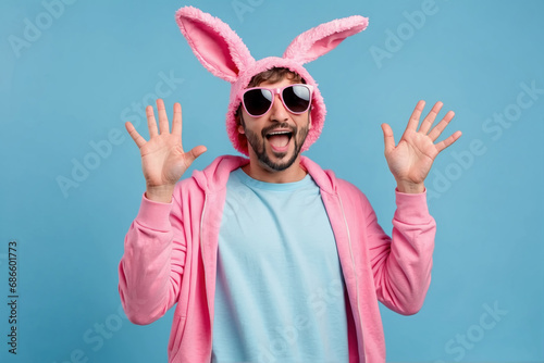Funky positive man dressed pink rabbit, AI generated