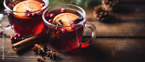 Mulled wine with spices on wooden background. Selective focus.