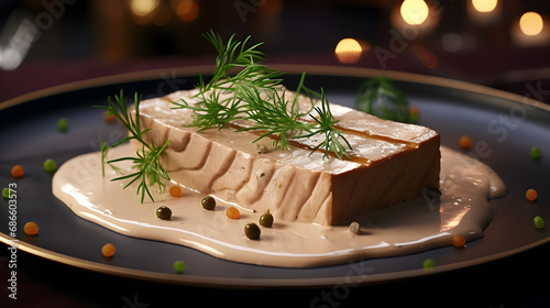 Foie gras, goose liver traditional French starter for winter holiday celebration. Christmas appetizer for buffet, festive dinner concept