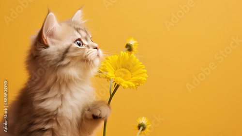A kitten holds a yellow flower in its paws. Congratulations on the holiday.