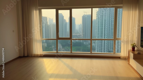Empty modern room interior with panoramic windows and big city behind. Generative AI