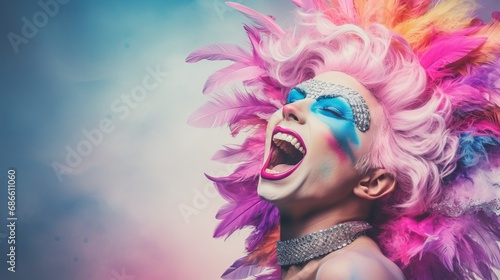 Elegant woman screaming in carnival mask on pastel background with copy space, studio shot