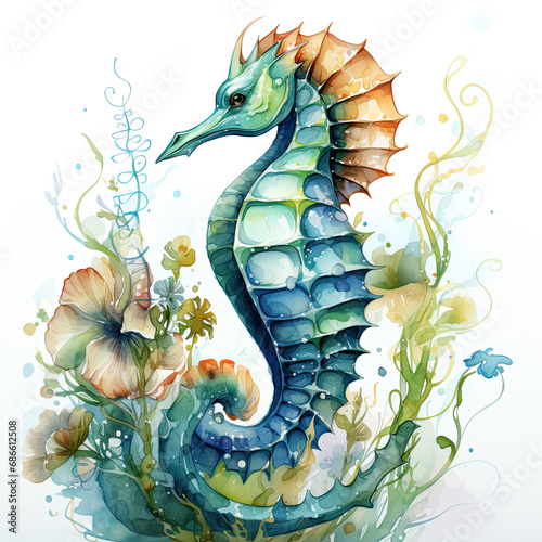 watercolor seahorse clipart, Generative Ai