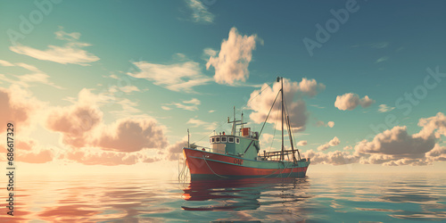 Shot of a fishing boat on the water, Sea Storm Ship, A rusty old fishing vessel in the port, Fishing ship at sea water ocean expedition, Trawler fishing boat sailing in open waters, generative ai