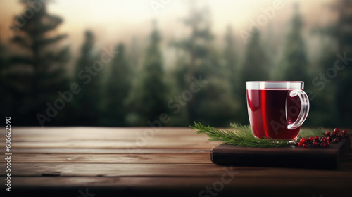 Cup of hot mulled wine on a wooden table in the forest.