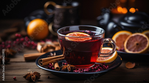 Mulled wine with spices on a wooden background. Selective focus.