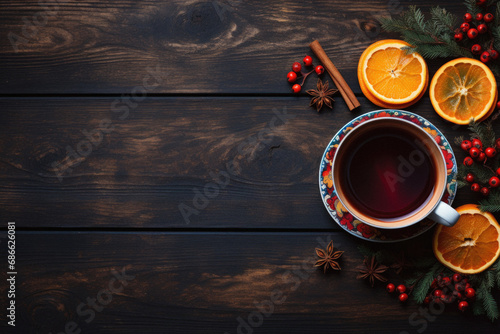 A cup of tea with spices on a wooden background. Top view.