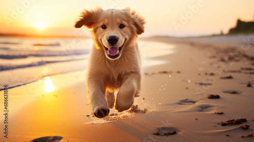 Cute Golden Retriever Running on the Sand