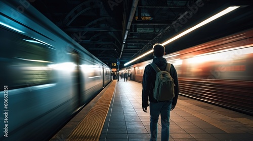 Long exposure picture with lonely young man shot from behind at subway station with blurry moving train and walking people in background