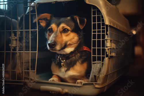 Cute miniature dog looking from dog carrier with open door,
