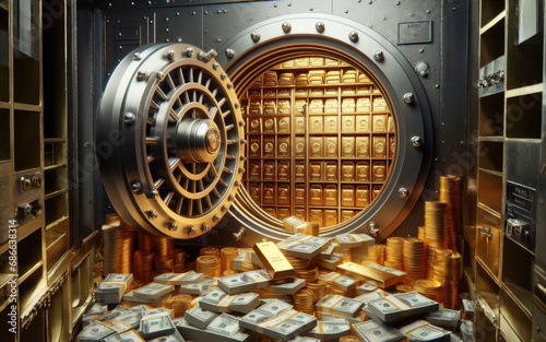 Open bank safe vault door with golden ingots peeking from inside