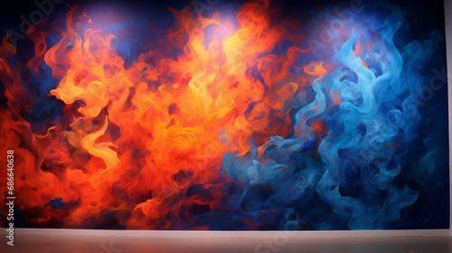 A 3D wall covering that seems to be an abstract field of fire, with flames in colors ranging from deep blue to bright orange.