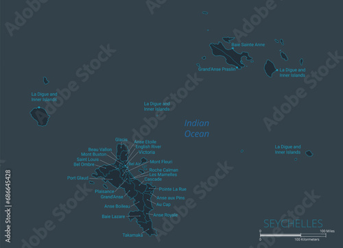 Seychelles map. High detailed map of Seychelles with countries, borders, cities, water objects. Vector illustration EPS10