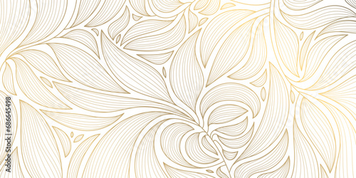 Vector abstract luxury background, gold line floral wallpaper, leaves texture. Golden botanical modern, art deco pattern, elegant foliage wavy ornament