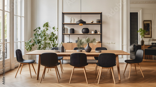 Une salle à manger élégante avec une table en bois clair, des chaises noires modernes, une étagère murale avec objets décoratifs et plantes d'un appartement à Paris.