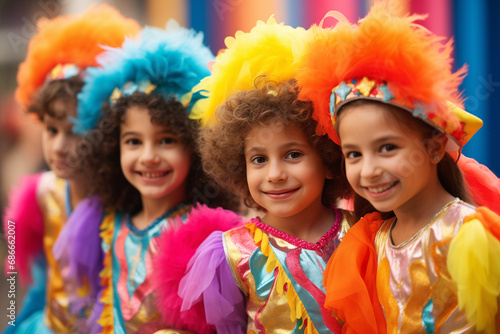Purim carnival concept - happy festive children wear bright costumes
