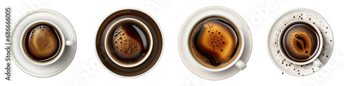 Realistic top-view illustration of a steaming coffee cup, meticulously rendered on a clear, transparent background for versatile design use.