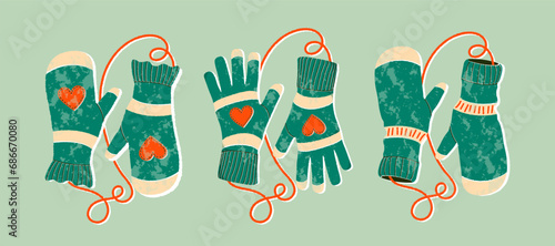 Mittens pairs flat cartoon textured illustrations set. Winter gloves and winter holiday concept. Hand drawn flat holiday symbol. Cute green mittens with hearts. Trendy illustration for print and web.