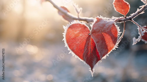 yellow autumn leaves in the shape of a heart on a frozen branch on a winter background. Valentine's Day. ai generative