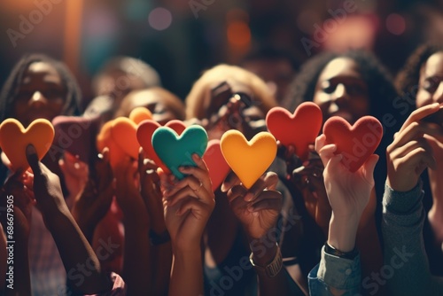 A group of people holding up colorful hearts. Perfect for expressing love and unity. Ideal for Valentine's Day, pride events, or any occasion celebrating love