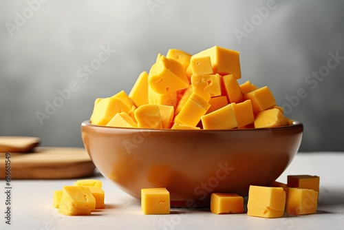 Bowl with pieces of tasty cheddar cheese on light