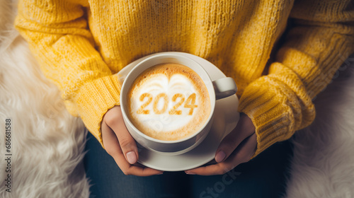 Happy New Year 2024 female hands holding coffee mug on frothy surface of cappuccino served number 2024 in white coffee mug. new year new you. (top view), generative ai