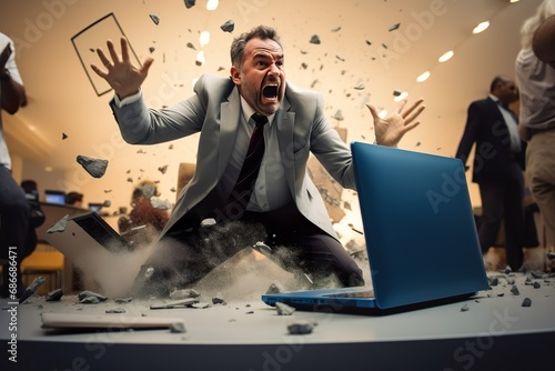 A angry businessman Throw a broken computer on the floor