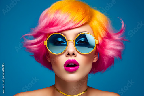 Woman with pink hair and sunglasses on her face.