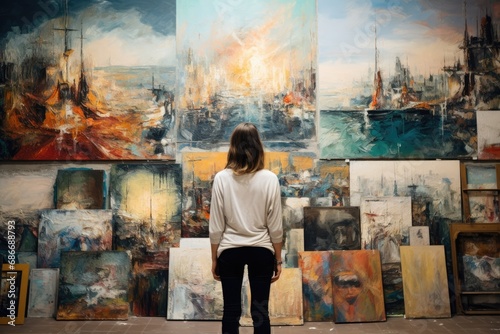 Woman artist standing in front of a wall with many pictures