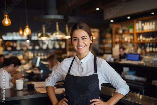 Smiling young saleswoman portrait, attractive cashier serving customers with a friendly demeanor. Generative ai