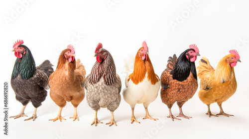 Set of laying hens isolated on white background. 