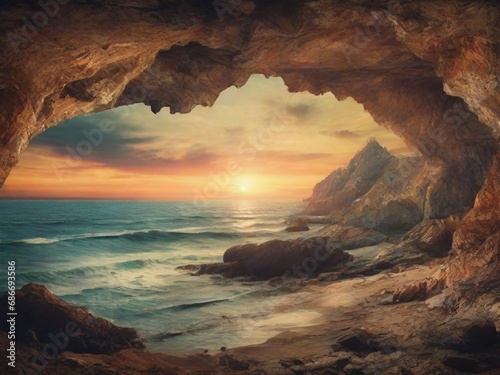 sunset view over ocean between mountain cave 