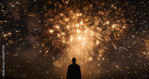 silhouette of a man in front of golden fireworks, black and gold, luxury, parties, celebrations, new year
