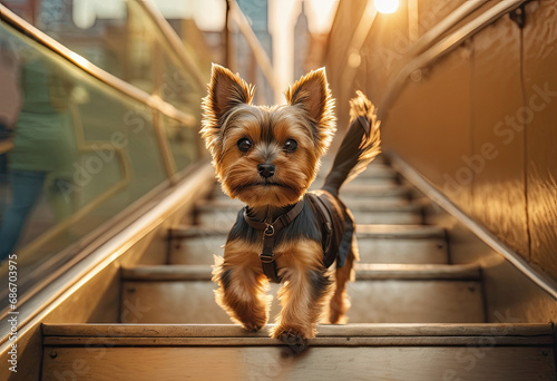 A little Yorkshire Terrier trotting down a subway staircase, capturing the essence of urban life