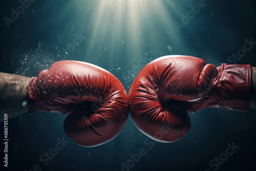 Red boxing gloves punching close-up on dark background